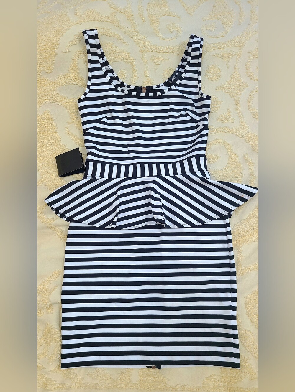 NWT BEBE Striped Black and White Peplum Tank Dress XS - Picture 4 of 7